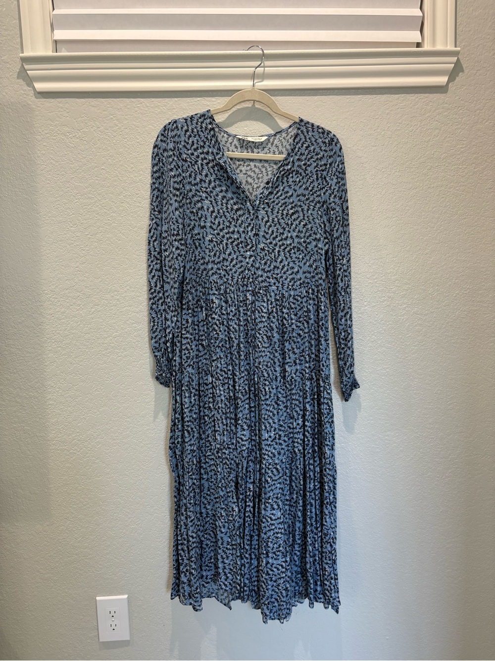 Zara Blue Printed Long Sleeve Midi Dress